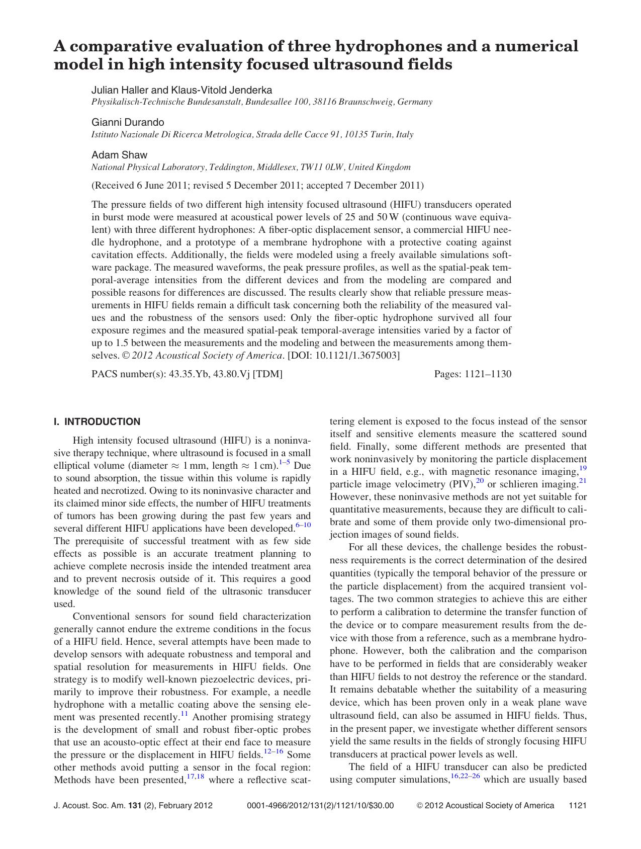 A comparative evaluation of three hydrophones and a numerical model in high intensity focused ultrasound fields by Julian Haller Klaus-Vitold Jenderka Gianni Durando and Adam Shaw