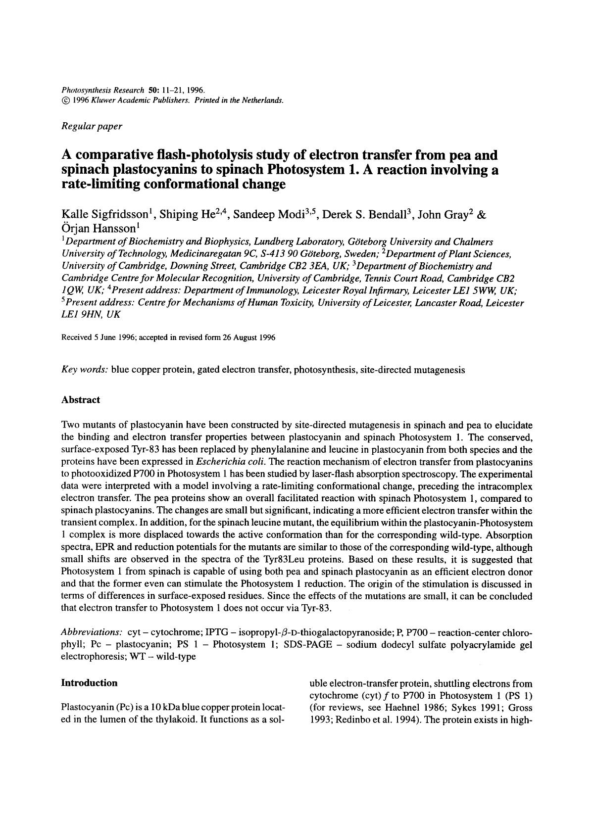 A comparative flash-photolysis study of electron transfer from pea and spinach plastocyanins to spinach Photosystem 1. A reaction involving a rate-limiting conformational change by Unknown