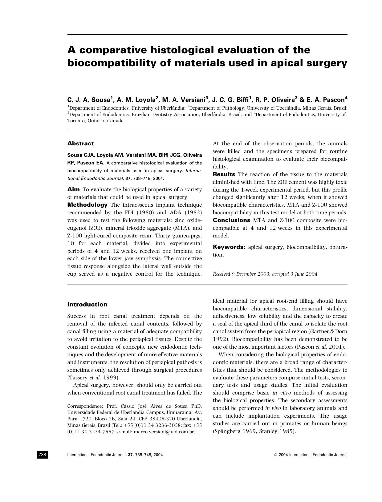 A comparative histological evaluation of the biocompatibility of materials used in apical surgery by Unknown