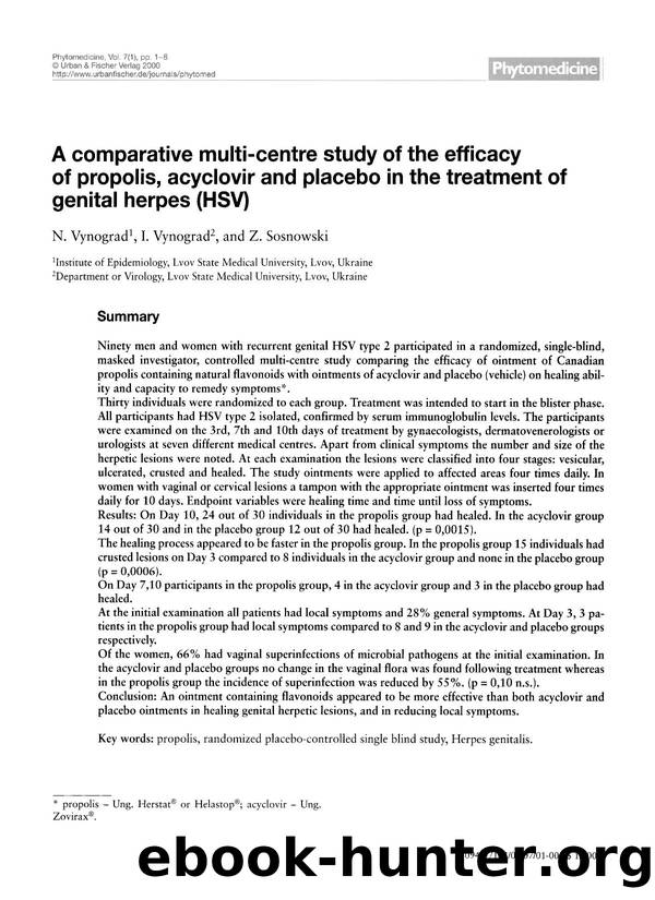 A comparative multi-centre study of the efficacy of propolis, acyclovir and placebo in the treatment of genital herpes (HSV) by N. Vynograd & I. Vynograd & Z. Sosnowski