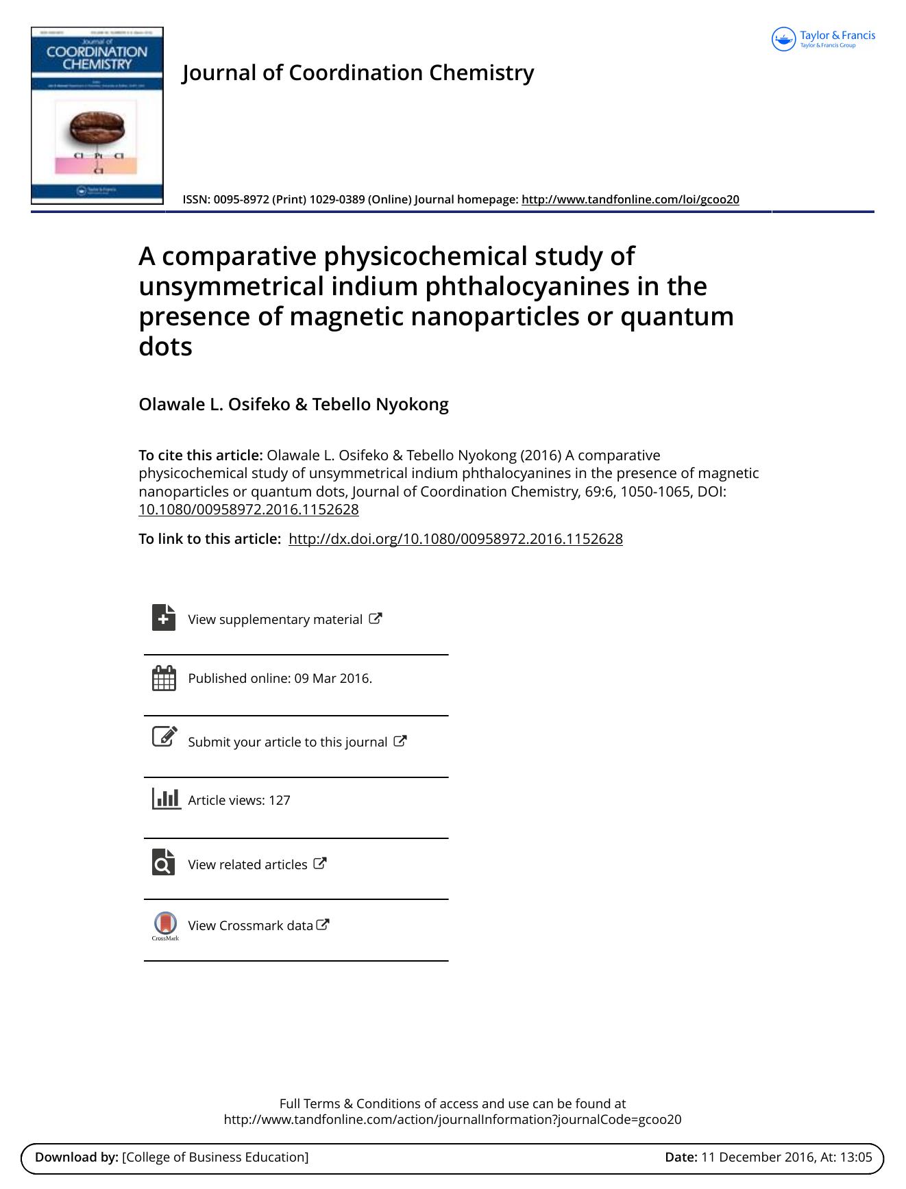 A comparative physicochemical study of unsymmetrical indium phthalocyanines in the presence of magnetic nanoparticles or quantum dots by Olawale L. Osifeko & Tebello Nyokong