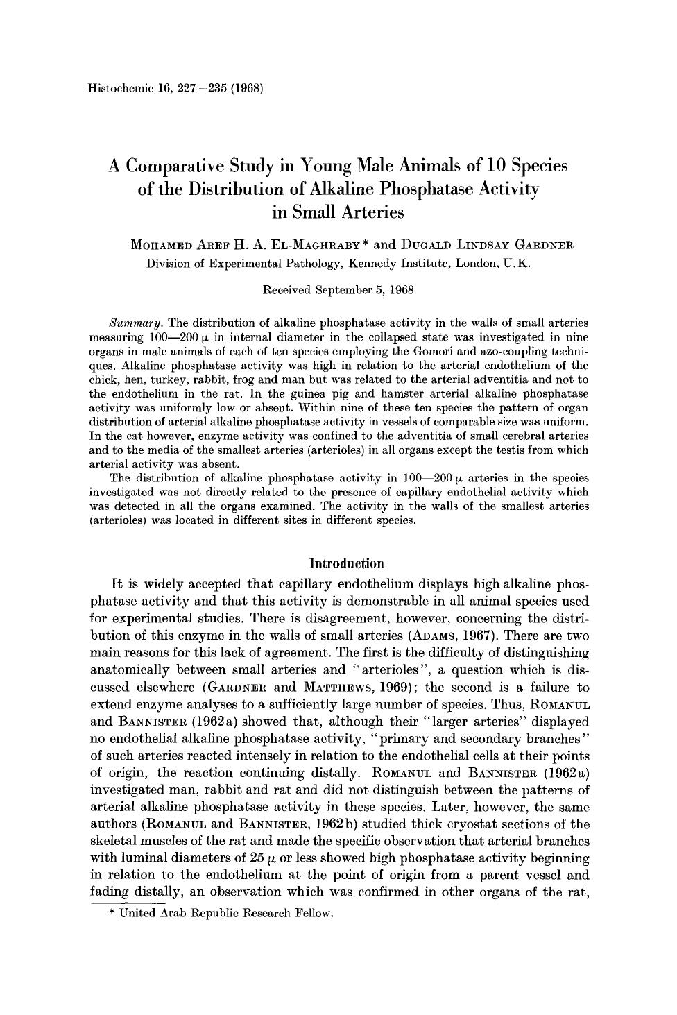 A comparative study in young male animals of 10 species of the distribution of alkaline phosphatase activity in small arteries by Unknown
