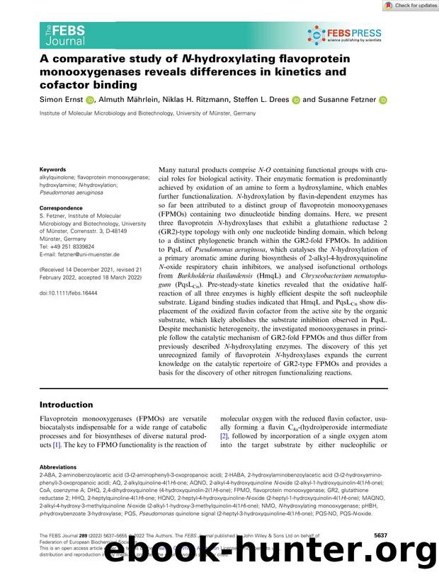 A comparative study of Nâhydroxylating flavoprotein monooxygenases reveals differences in kinetics and cofactor binding by Unknown