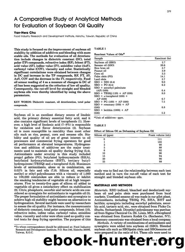 A comparative study of analytical methods for evaluation of soybean oil quality by Unknown
