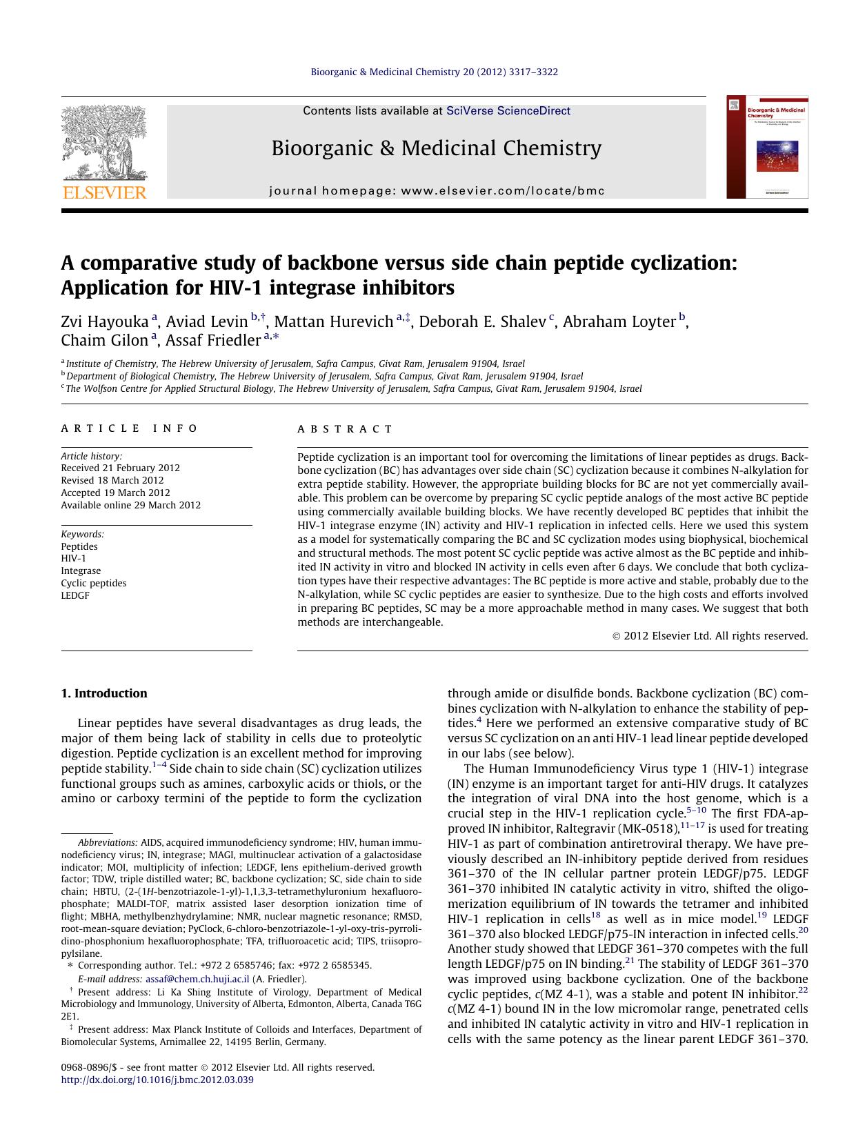 A comparative study of backbone versus side chain peptide cyclization: Application for HIV-1 integrase inhibitors by unknow