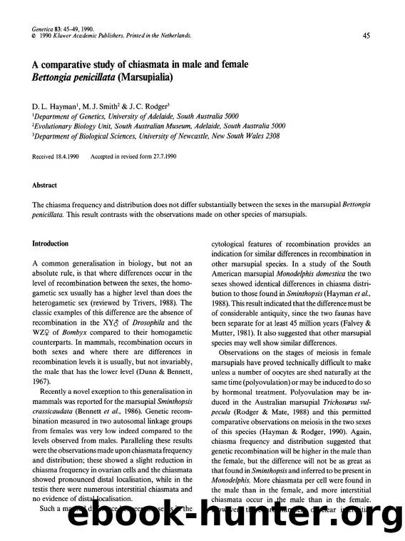 A comparative study of chiasmata in male and female <Emphasis Type="Italic">Bettongia penicillata <Emphasis> (Marsupialia) by Unknown