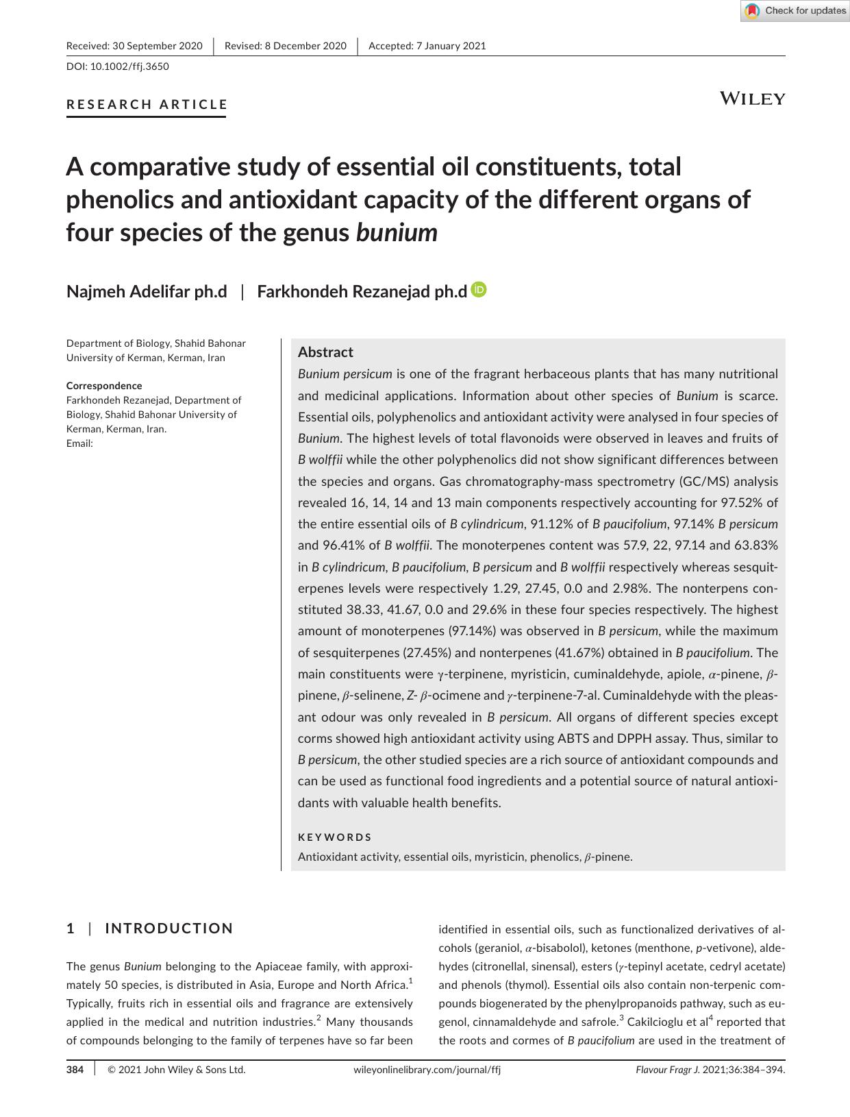 A comparative study of essential oil constituents, total phenolics and antioxidant capacity of the different organs of four species of the genus bunium by Unknown