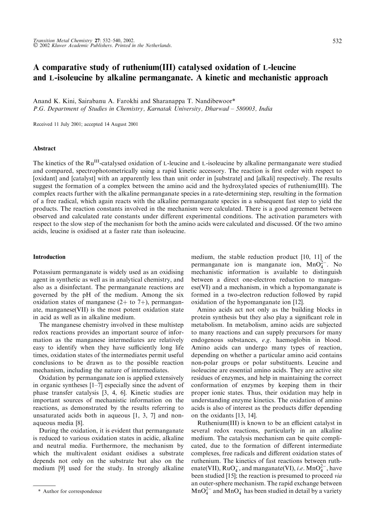 A comparative study of ruthenium(III) catalysed oxidation of L-leucine and L-isoleucine by alkaline permanganate. A kinetic and mechanistic approach by Unknown