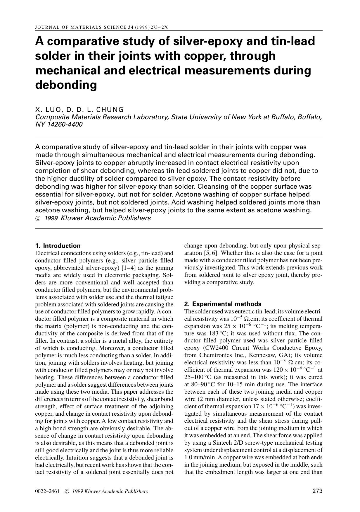 A comparative study of silver-epoxy and tin-lead solder in their joints with copper, through mechanical and electrical measurements during debonding by Unknown