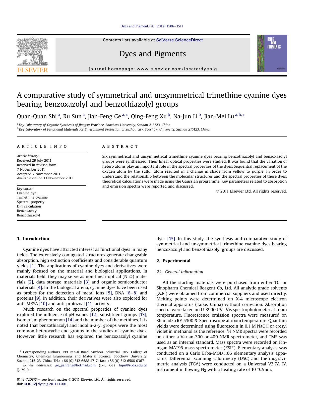 A comparative study of symmetrical and unsymmetrical trimethine cyanine dyes bearing benzoxazolyl and benzothiazolyl groups by Quan-Quan Shi & Ru Sun & Jian-Feng Ge & Qing-Feng Xu & Na-Jun Li & Jian-Mei Lu