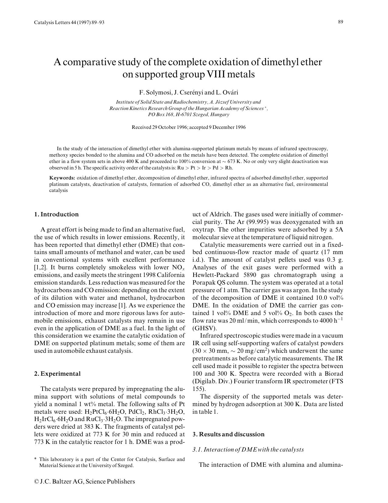 A comparative study of the complete oxidation of dimethyl ether on supported group VIII metals by Unknown