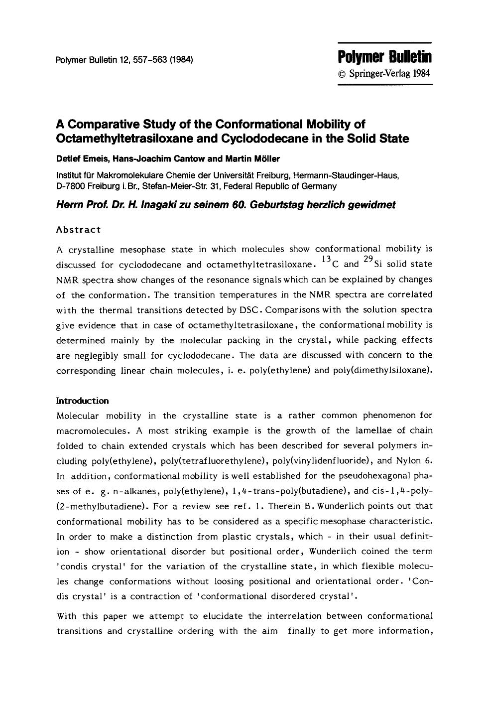 A comparative study of the conformational mobility of octamethyltetrasiloxane and cyclododecane in the solid state by Unknown