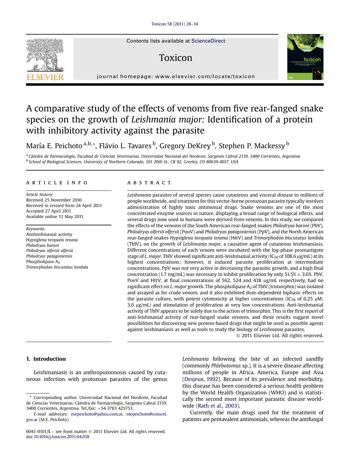A comparative study of the effects of venoms from five rear-fanged snake species on the growth of Leishmania major: Identification of a protein with inhibitory activity against the parasite by María E. Peichoto & Flávio L. Tavares & Gregory DeKrey & Stephen P. Mackessy