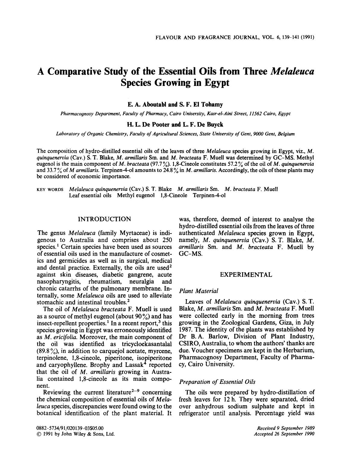 A comparative study of the essential oils from three Melaleuca species growing in Egypt by Unknown