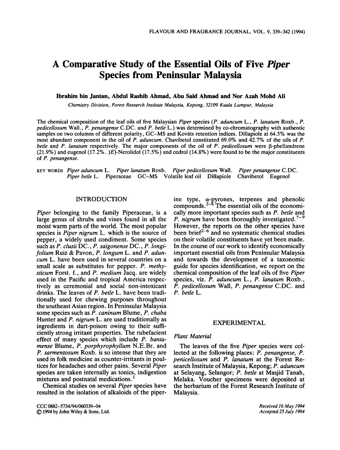 A comparative study of the essential oils of five piper species from Peninsular Malaysia by Unknown
