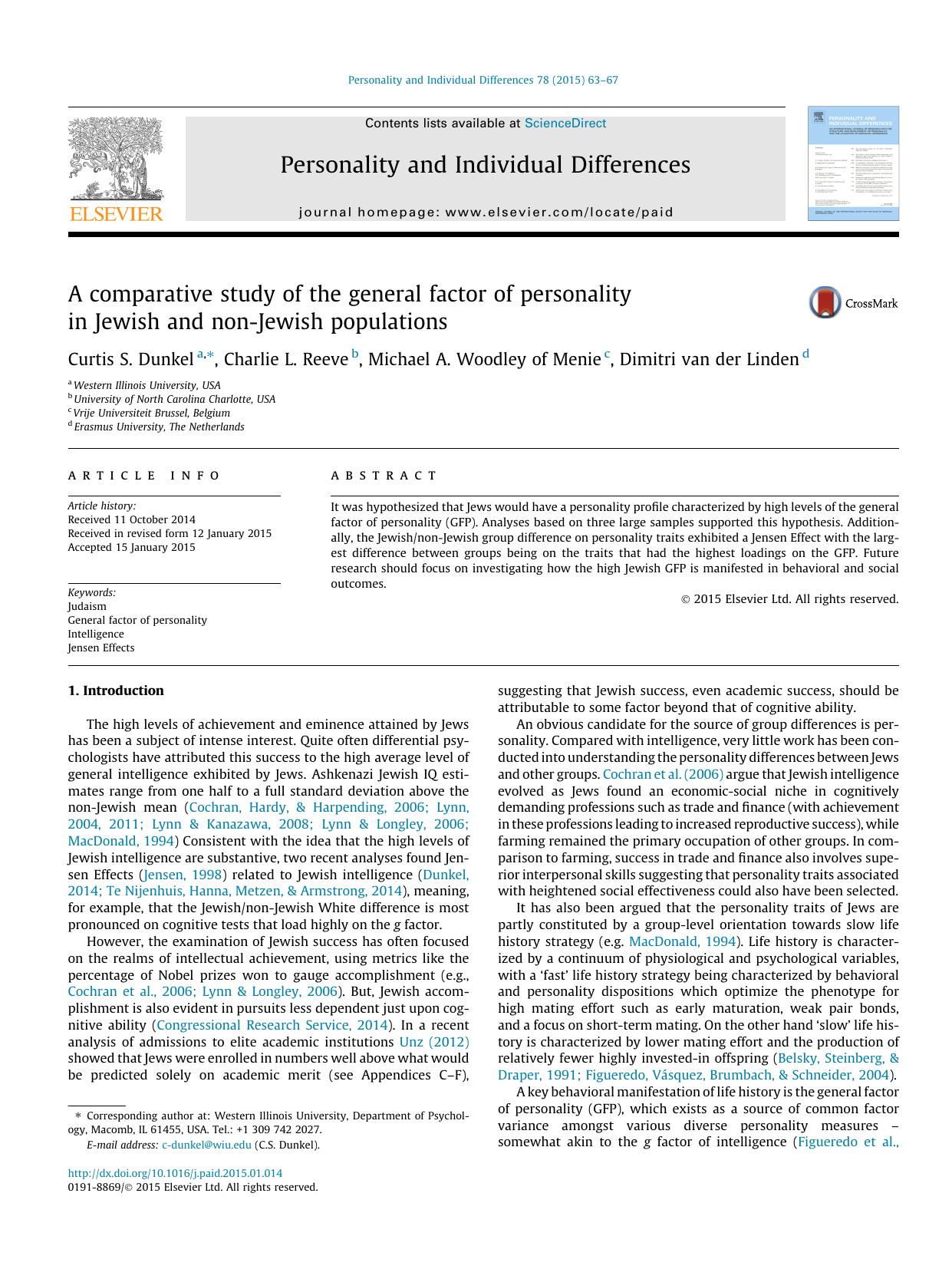 A comparative study of the general factor of personality in Jewish and non-Jewish populations by Curtis S. Dunkel & Charlie L. Reeve & Michael A. Woodley of Menie & Dimitri van der Linden