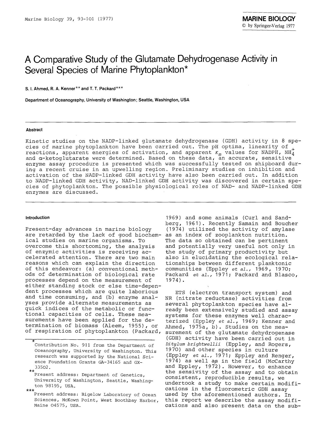 A comparative study of the glutamate dehydrogenase activity in several species of marine phytoplankton by Unknown
