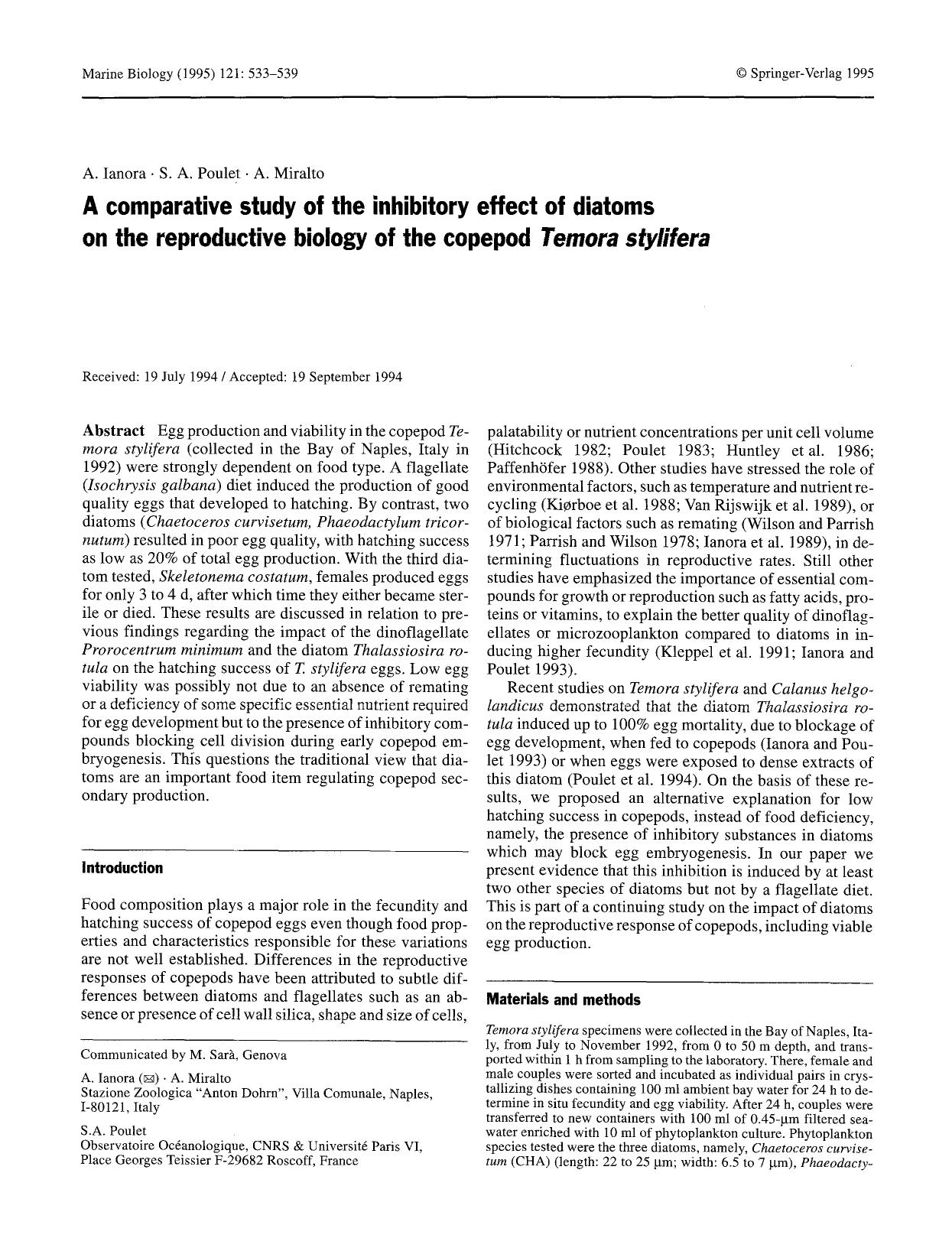 A comparative study of the inhibitory effect of diatoms on the reproductive biology of the copepod <Emphasis Type="Italic">Temora stylifera<Emphasis> by Unknown