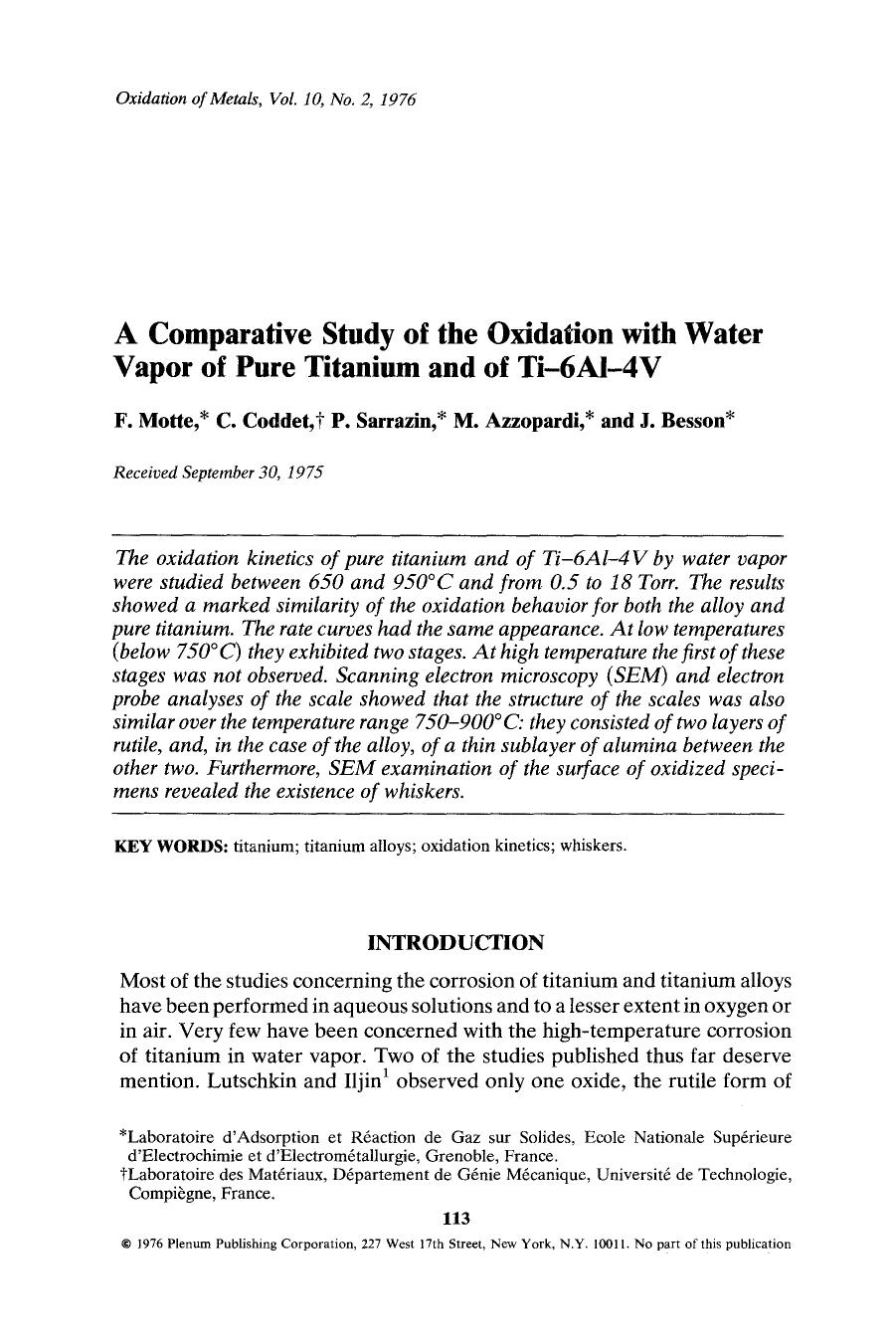 A comparative study of the oxidation with water vapor of pure titanium and of Ti-6Al-4V by Unknown