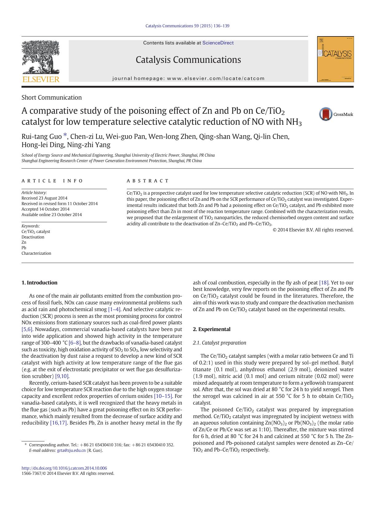 A comparative study of the poisoning effect of Zn and Pb on CeTiO2 catalyst for low temperature selective catalytic reduction of NO with NH3 by unknow