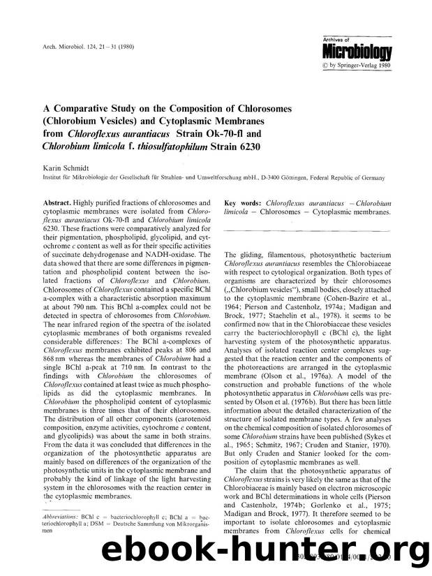 A comparative study on the composition of chlorosomes (Chlorobium vesicles) and cytoplasmic membranes from <Emphasis Type="Italic">Chloroflexus aurantiacus<Emphasis> strain Ok-70-f by Unknown