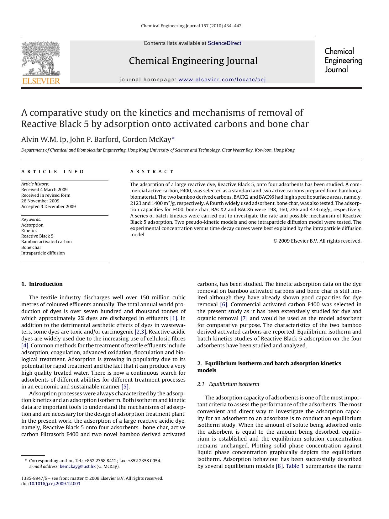 A comparative study on the kinetics and mechanisms of removal of Reactive Black 5 by adsorption onto activated carbons and bone char by Alvin W.M. Ip; John P. Barford; Gordon McKay