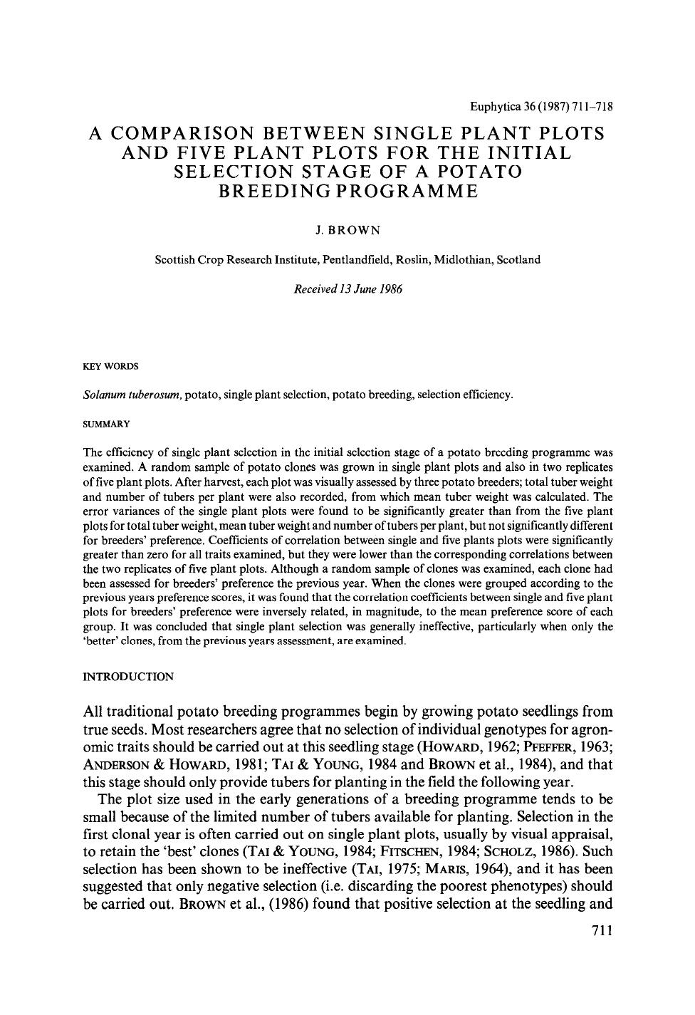 A comparison between single plant plots and five plant plots for the initial selection stage of a potato breeding programme by Unknown