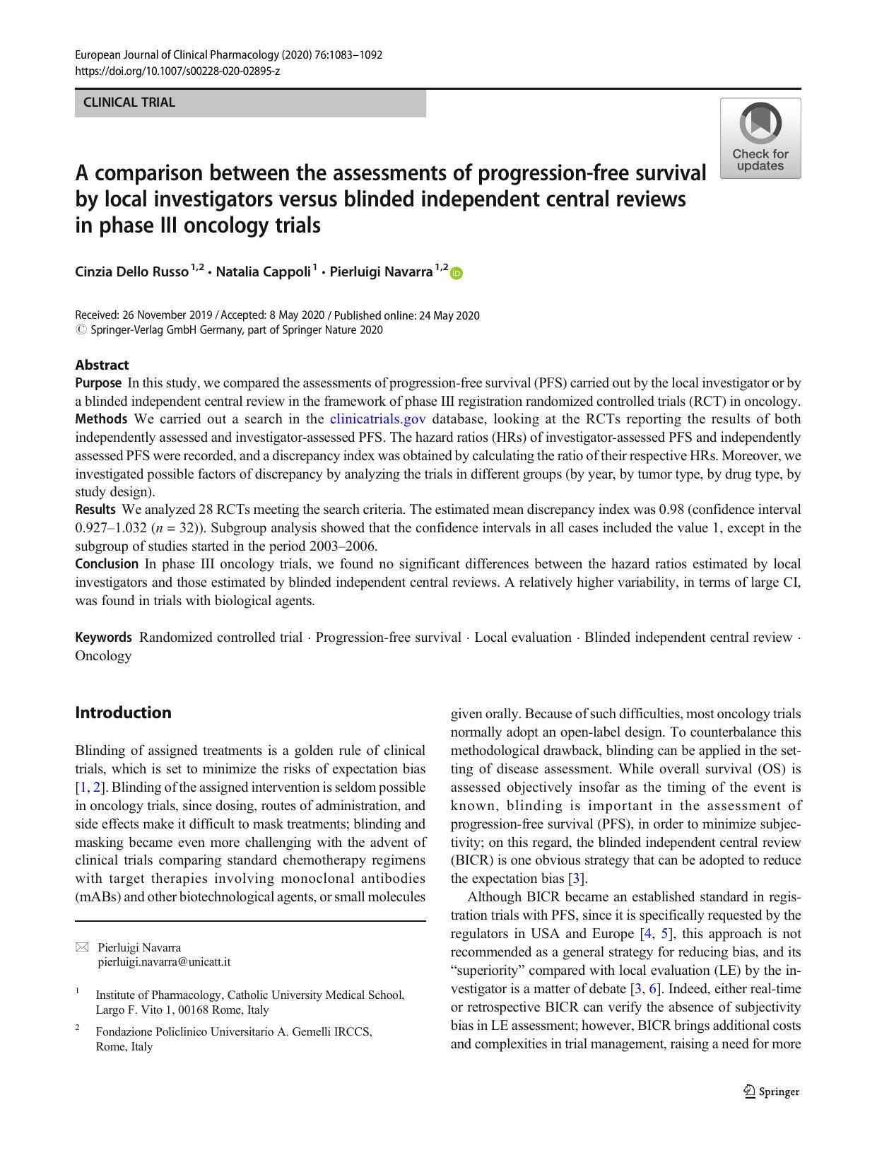 A comparison between the assessments of progression-free survival by local investigators versus blinded independent central reviews in phase III oncology trials by Cinzia Dello Russo & Natalia Cappoli & Pierluigi Navarra