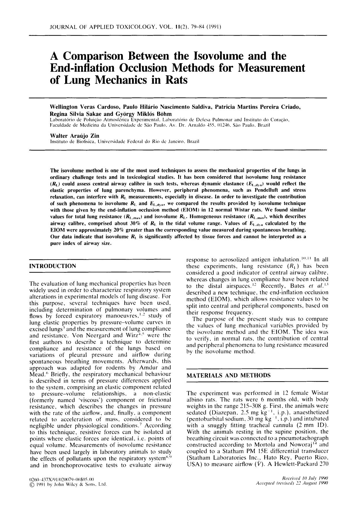A comparison between the isovolume and the end-inflation occlusion methods for measurement of lung mechanics in rats by Unknown