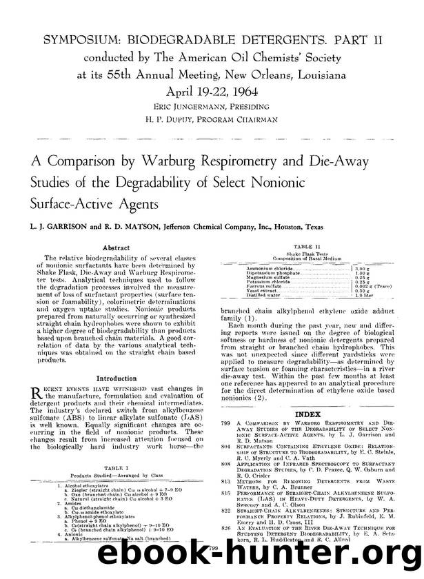 A comparison by warburg respirometry and die-away studies of the degradability of select nonionic surface-active agents by Unknown