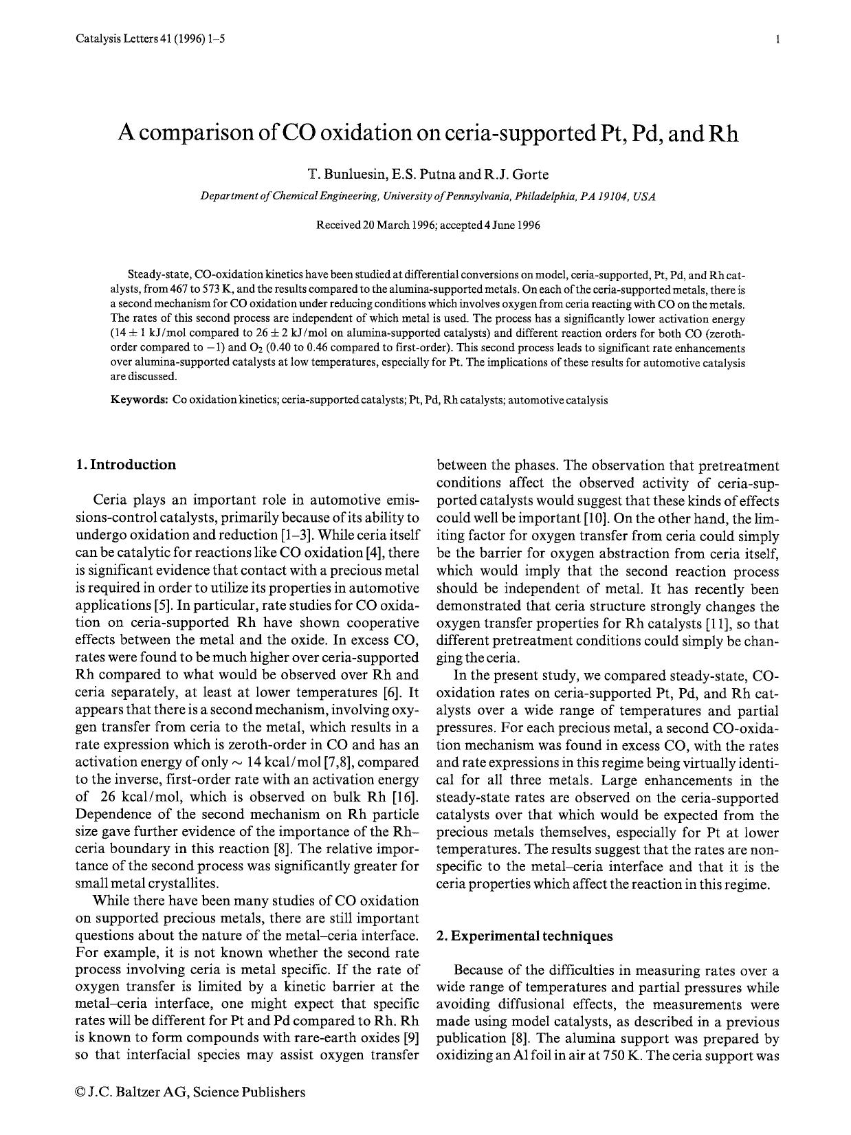 A comparison of CO oxidation on ceria-supported Pt, Pd, and Rh by Unknown