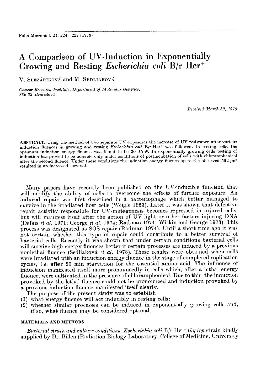 A comparison of UV-induction in exponentially growing and resting <Emphasis Type="Italic">Escherichia coli <Emphasis> Br Hcr <Superscript>+ <Superscript> by Unknown