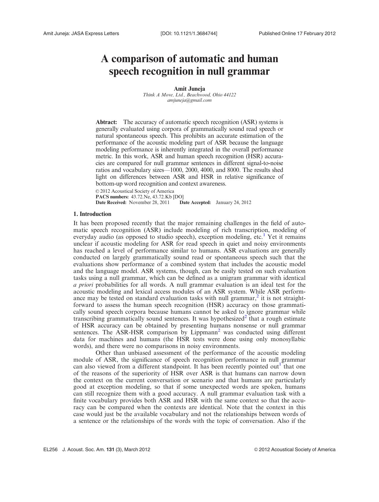 A comparison of automatic and human speech recognition in null grammar by Amit Juneja