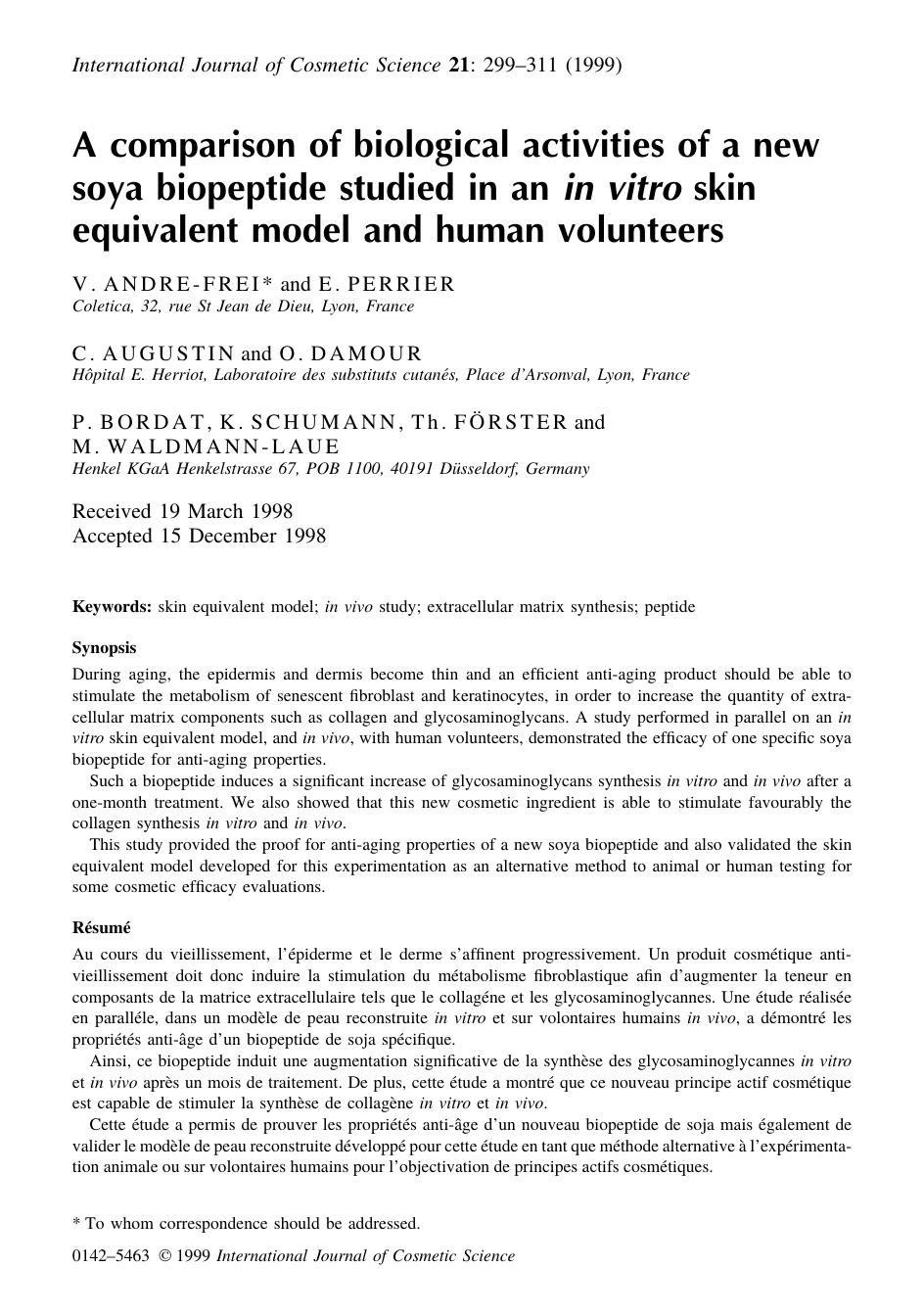 A comparison of biological activities of a new by V. ANDRE-FREI E . PERRIER C. AUGUSTIN O . DAMOUR P . BORDAT K . SCHUMANN T h . F ¨ ORSTER and