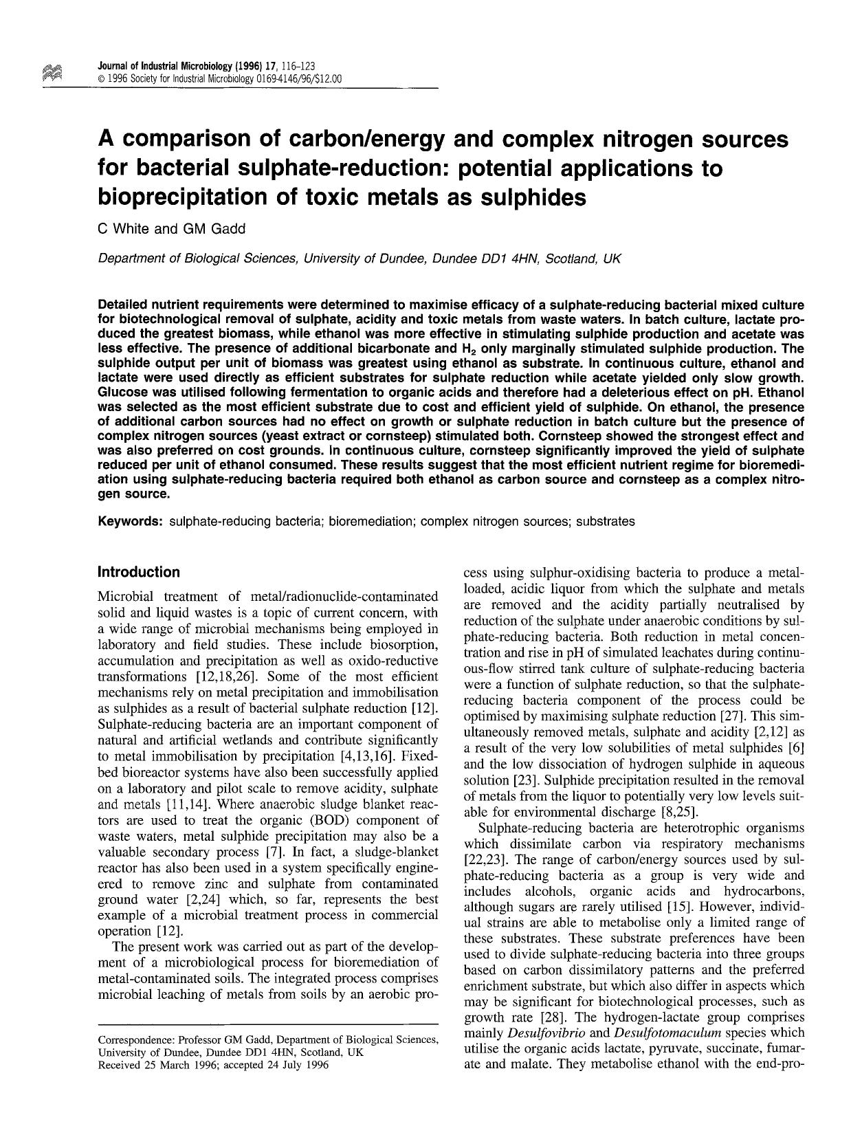 A comparison of carbonenergy and complex nitrogen sources for bacterial sulphate-reduction: potential applications to bioprecipitation of toxic metals as sulphides by Unknown