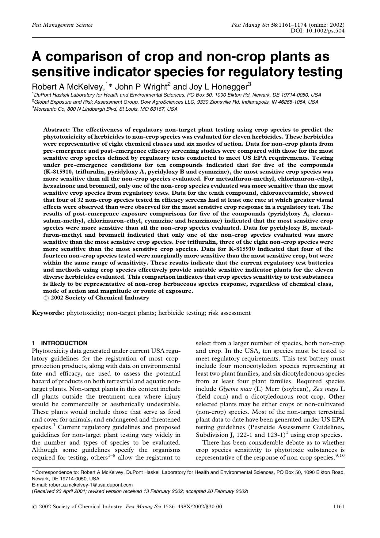 A comparison of crop and non-crop plants as sensitive indicator species for regulatory testing by Unknown