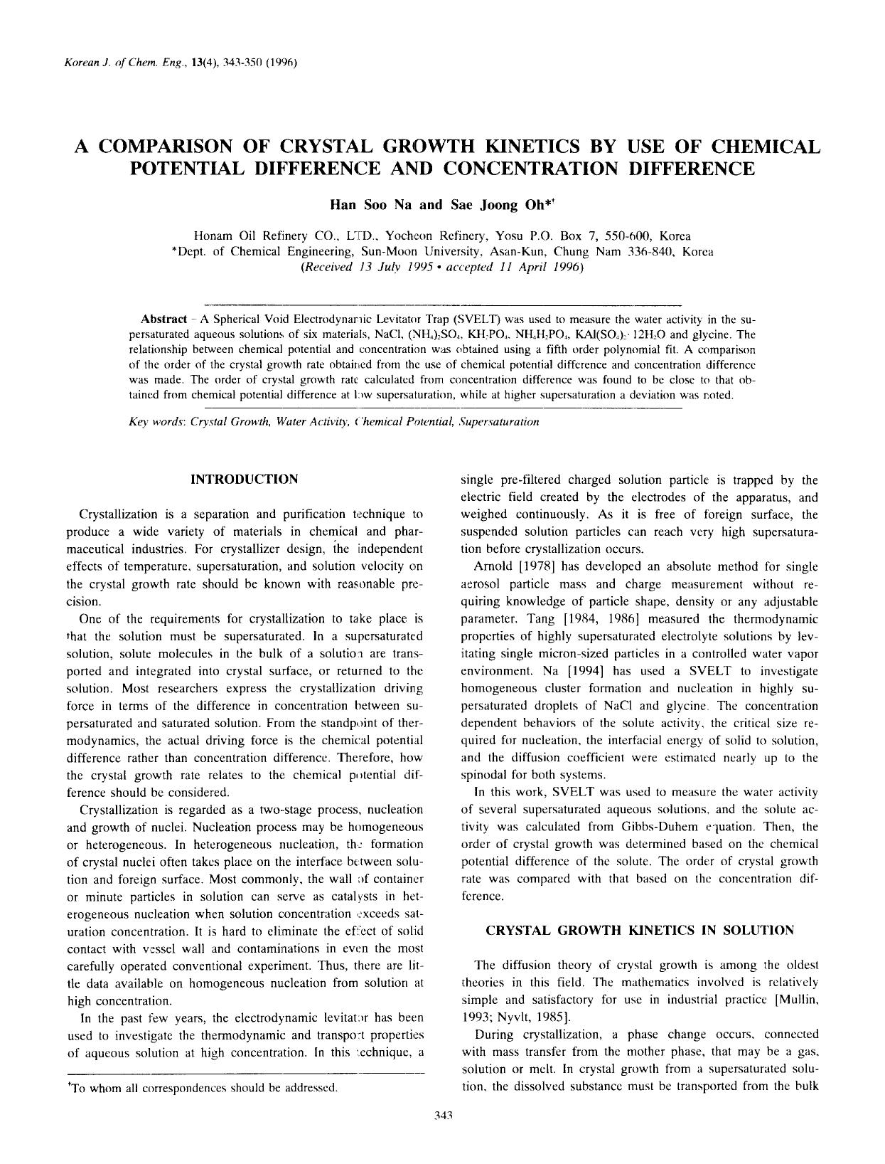 A comparison of crystal growth kinetics by use of chemical potential difference and concentration difference by Unknown