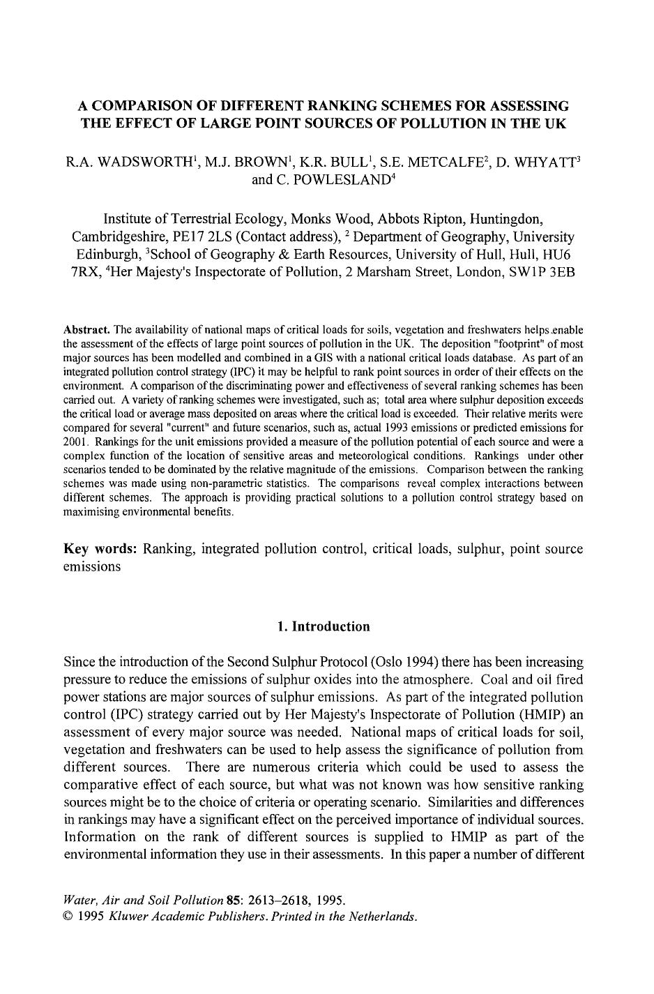 A comparison of different ranking schemes for assessing the effect of large point sources of pollution in the UK by Unknown