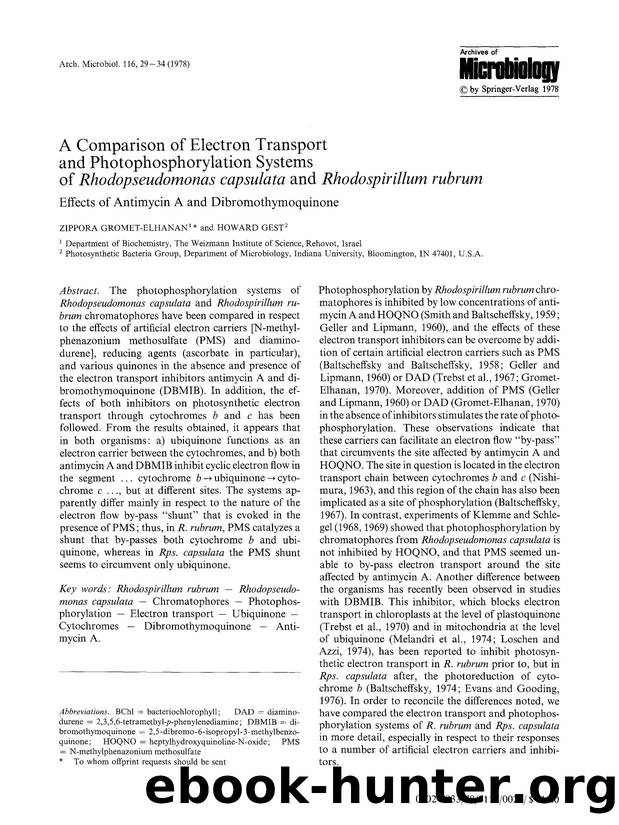 A comparison of electron transport and photophosphorylation systems of <Emphasis Type="Italic">Rhodopseudomonas capsulata<Emphasis> and <Emphasis Type="Italic">Rhodospirillum rubrum<Emphasis> by Unknown