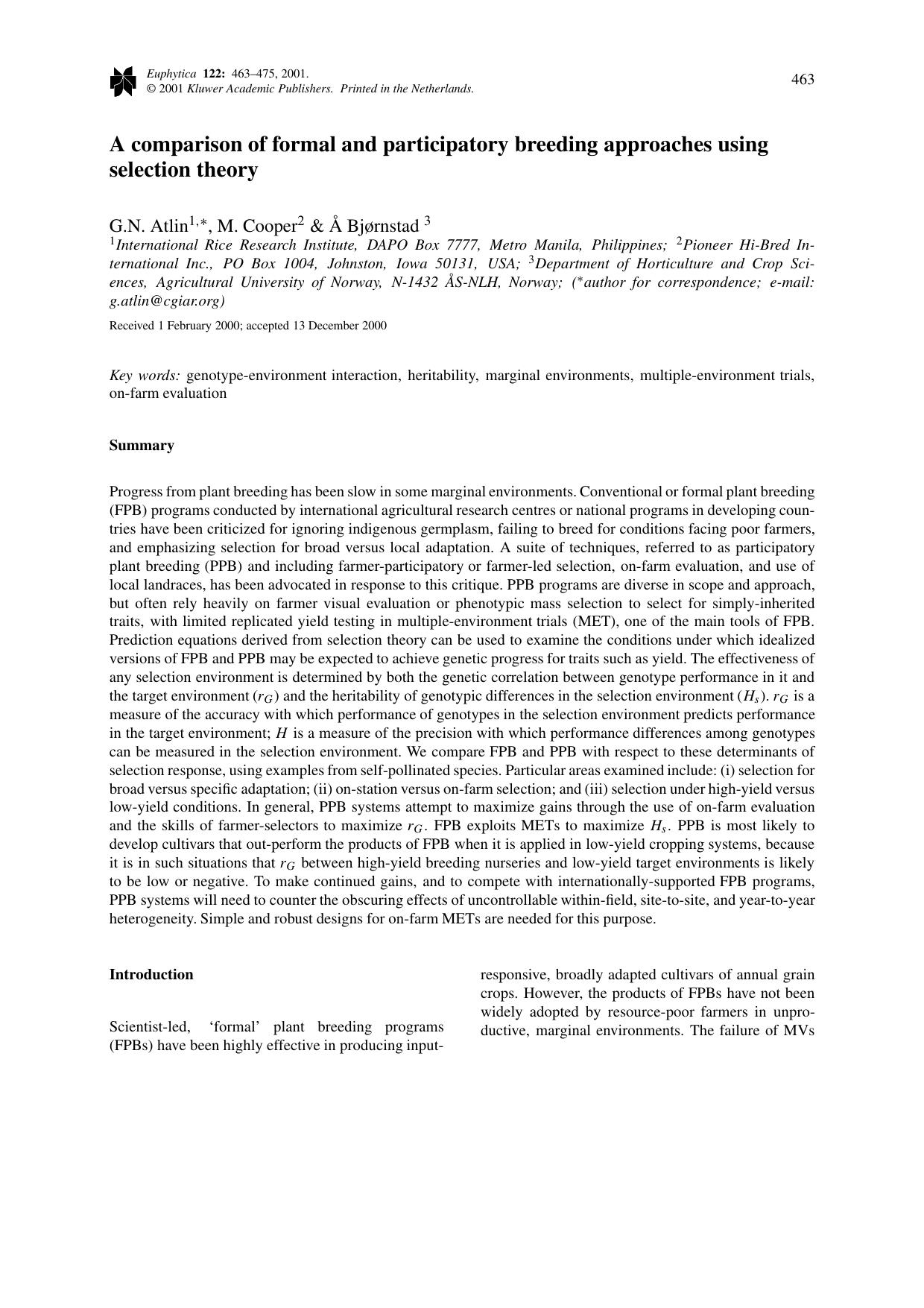A comparison of formal and participatory breeding approaches using selection theory by Unknown