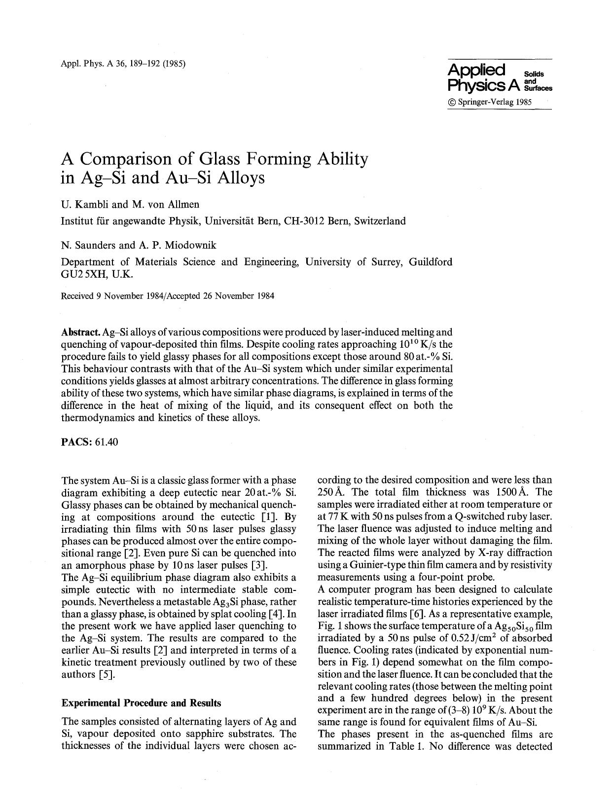 A comparison of glass forming ability in Ag-Si and Au-Si alloys by Unknown