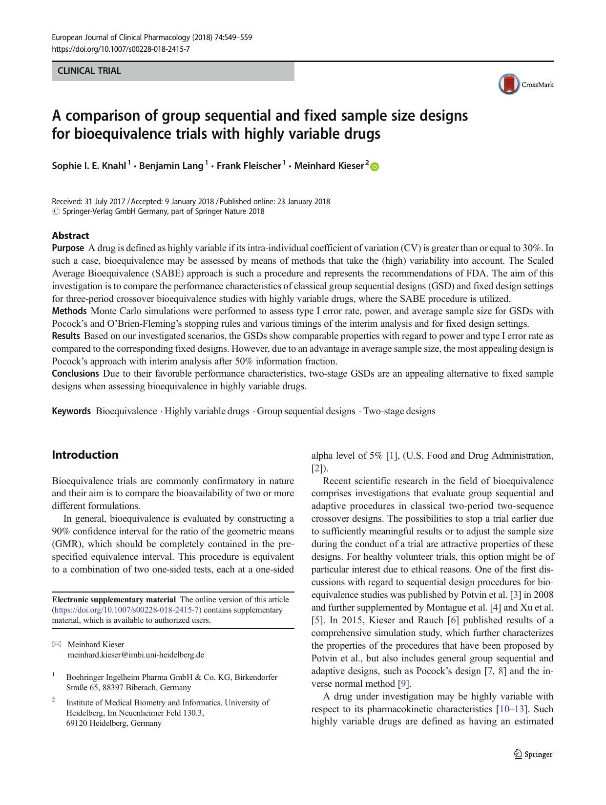 A comparison of group sequential and fixed sample size designs for bioequivalence trials with highly variable drugs by Sophie I. E. Knahl & Benjamin Lang & Frank Fleischer & Meinhard Kieser