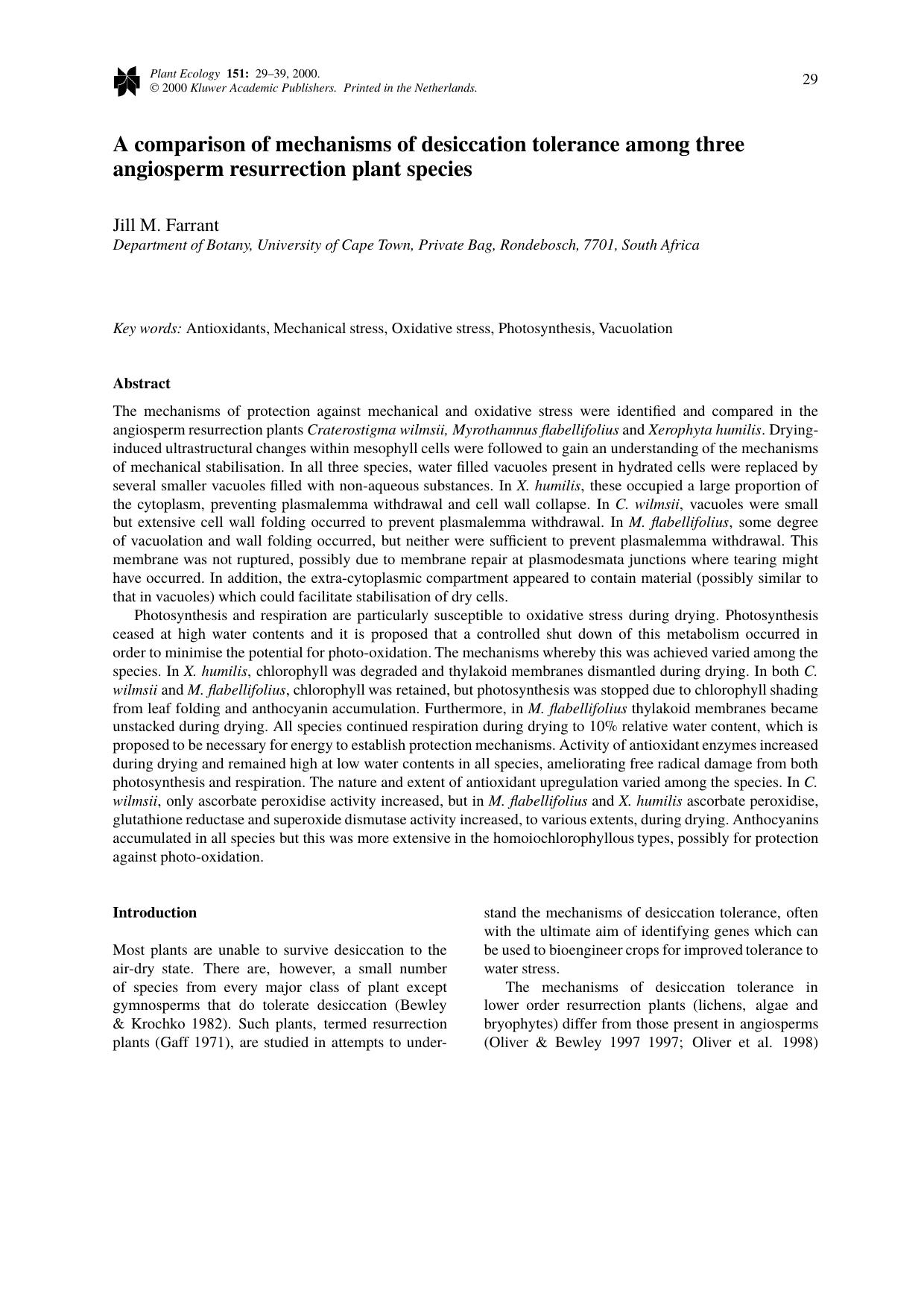 A comparison of mechanisms of desiccation tolerance among three angiosperm resurrection plant species by Unknown