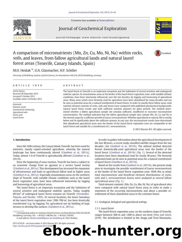 A comparison of micronutrients (Mn, Zn, Cu, Mo, Ni, Na) within rocks, soils, and leaves, from fallow agricultural lands and natural laurel forest areas (Tenerife, Canary Islands, Spain) by M.O. Heidak & U.A. Glasmacher & H.F. Schöler