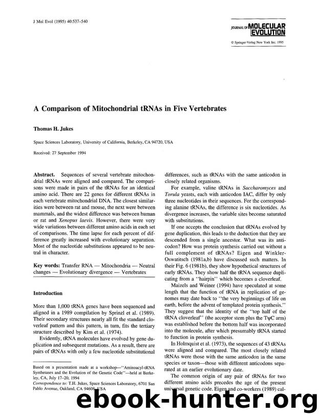 A comparison of mitochondrial tRNAs in five vertebrates by Unknown