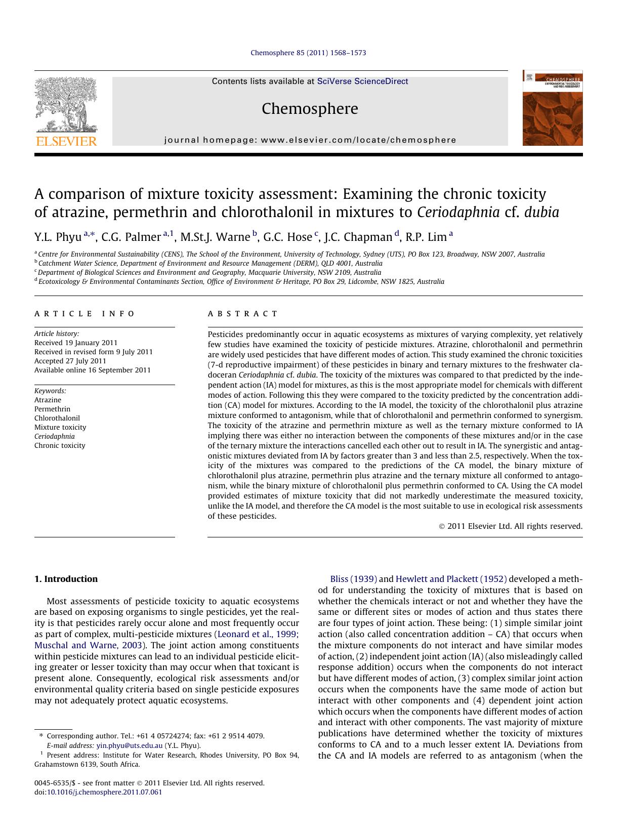 A comparison of mixture toxicity assessment: Examining the chronic toxicity of atrazine, permethrin and chlorothalonil in mixtures to Ceriodaphnia cf. dubia by Y.L. Phyu & C.G. Palmer & M.St.J. Warne & G.C. Hose & J.C. Chapman & R.P. Lim