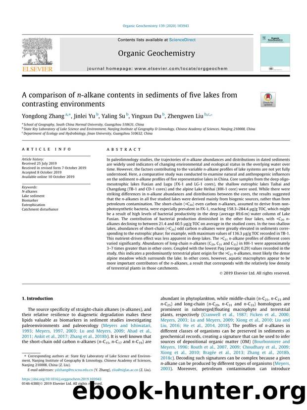 A comparison of n-alkane contents in sediments of five lakes from contrasting environments by Yongdong Zhang & Jinlei Yu & Yaling Su & Yingxun Du & Zhengwen Liu