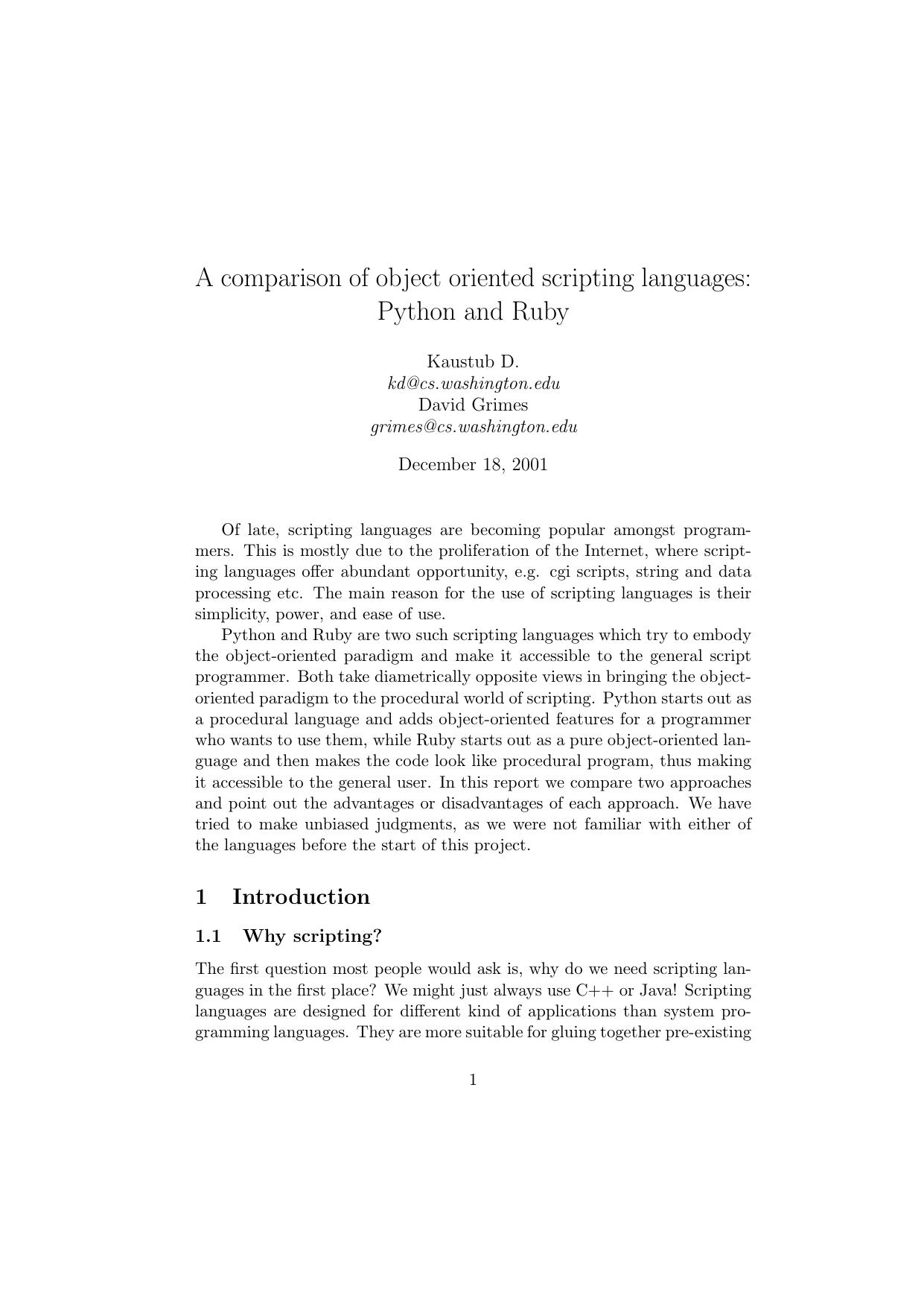 A comparison of object oriented scripting languages.Python and Ruby by Kaustub D