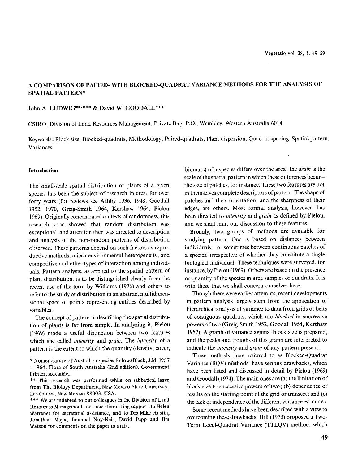 A comparison of paired- with blocked-quadrat variance methods for the analysis of spatial pattern by Unknown