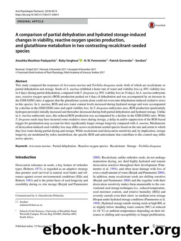 A comparison of partial dehydration and hydrated storage-induced changes in viability, reactive oxygen species production, and glutathione metabolism in two contrasting recalcitrant-seeded species by Anushka Moothoo-Padayachie & Boby Varghese & N. W. Pammenter & Patrick Govender & Sershen
